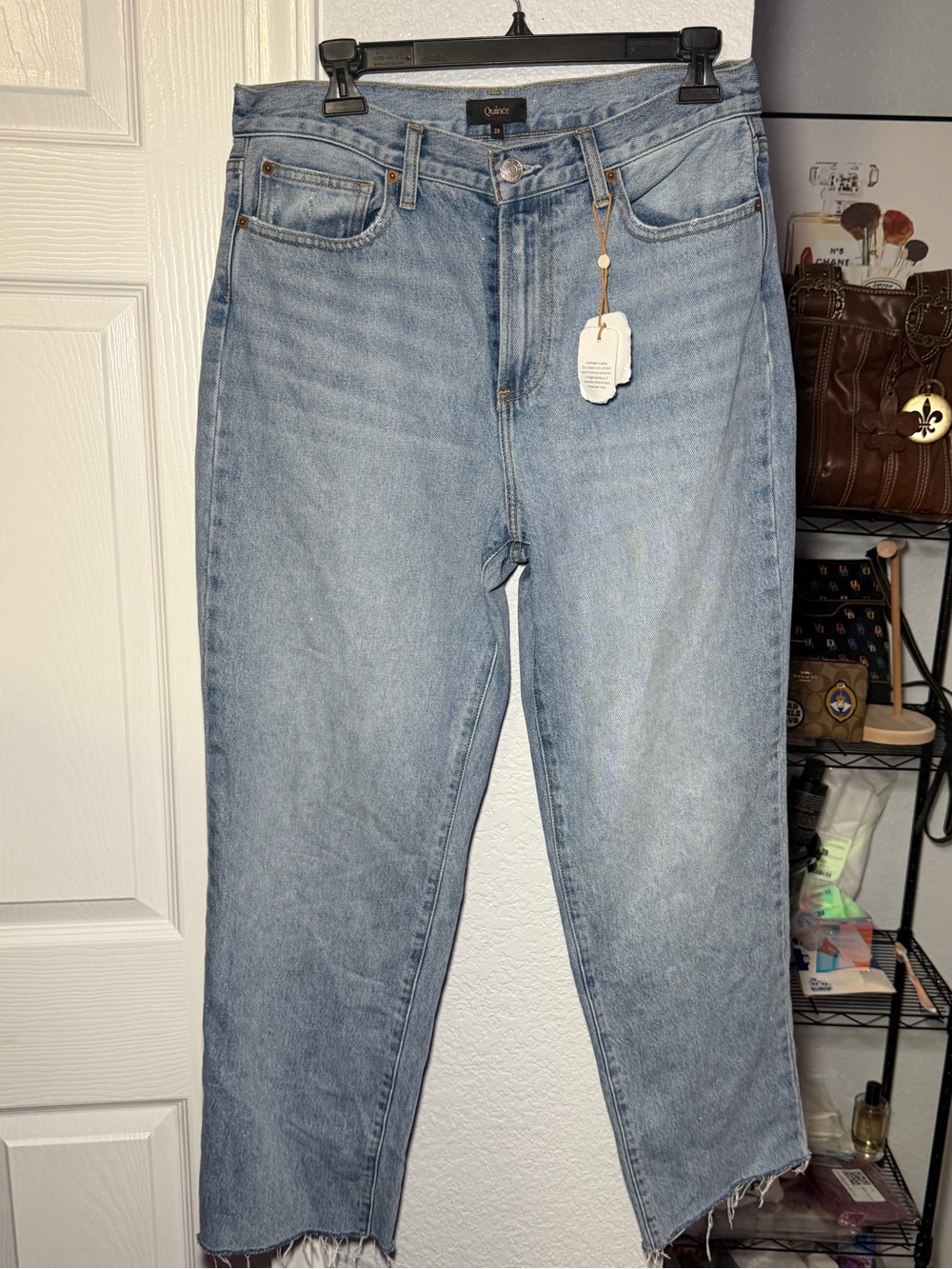 Quince Bella Rigid Straight Jeans NWT Size 29 Light Wash Raw Hem Frayed